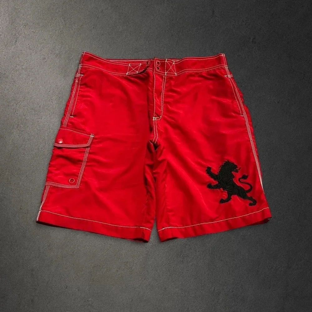 Y2K 2000s Baggy Grunge Indie Surf Skater Hip Hop Embroidered Red Board Shorts